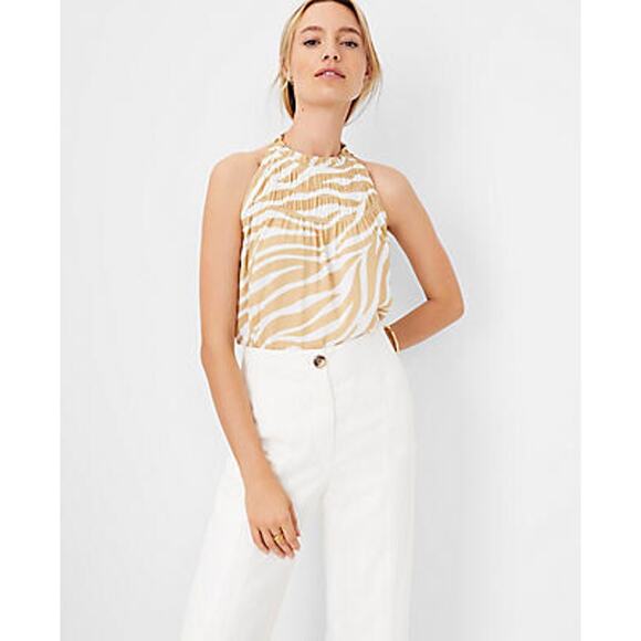 New Ann Taylor Medium Cream Tan Zebra Print Ruffle Smocked Neck Sleeveless Top - Picture 11 of 12